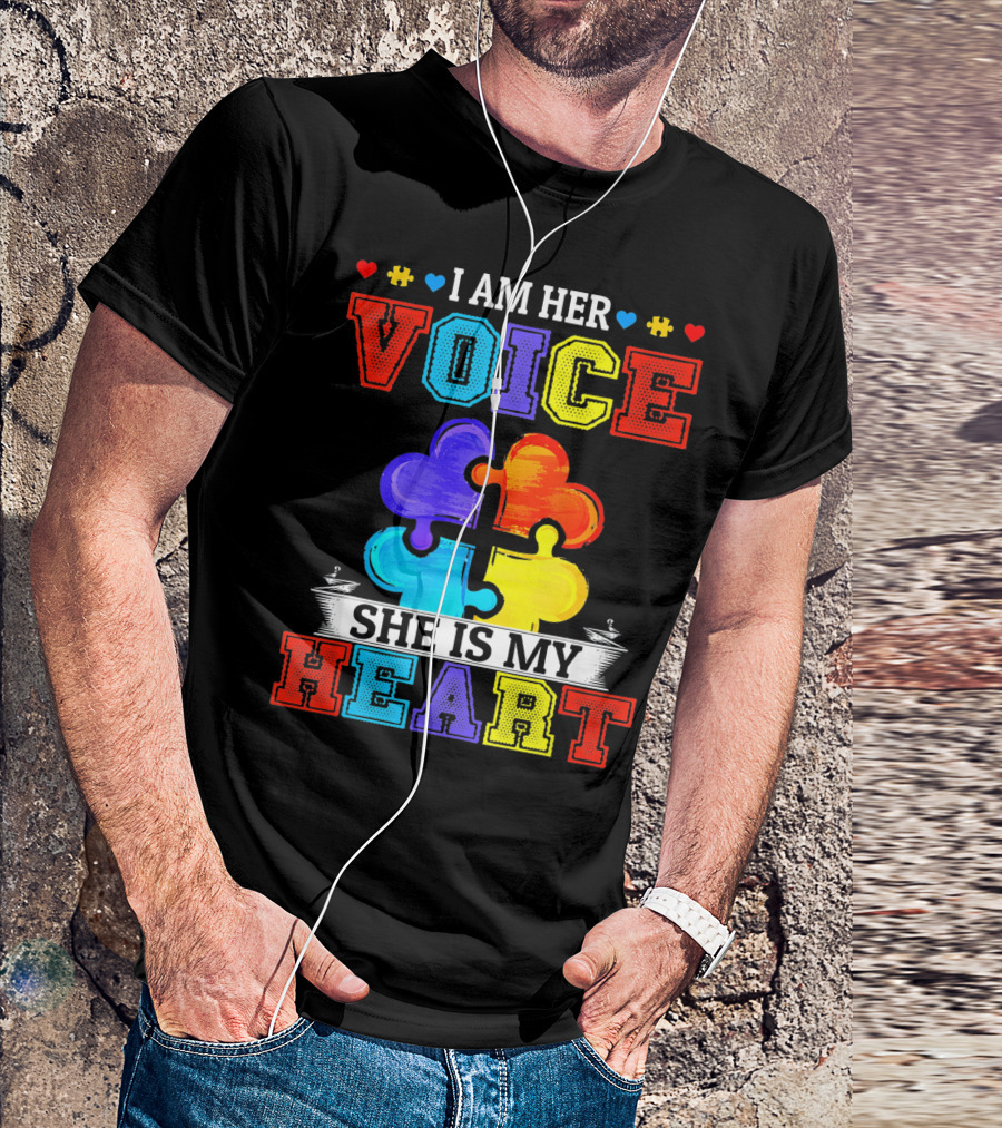 I Am Her Voice She Is My Heart Autism Puzzle Pieces T-Shirt