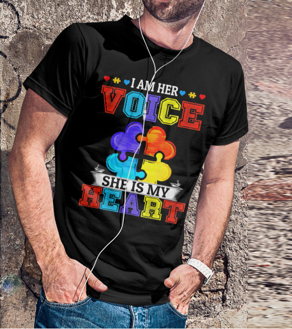 I Am Her Voice She Is My Heart Autism Puzzle Pieces T-Shirt