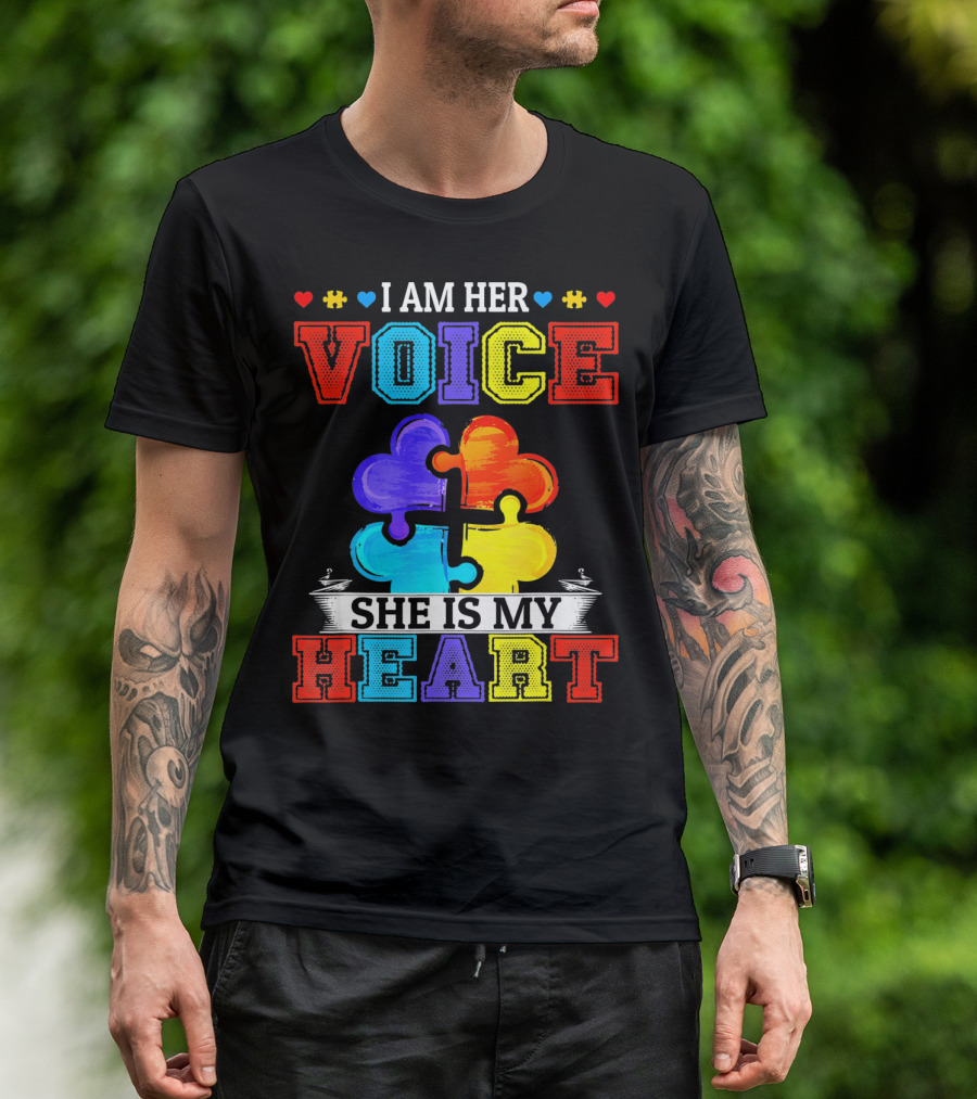 I Am Her Voice She Is My Heart Autism Puzzle Pieces T-Shirt