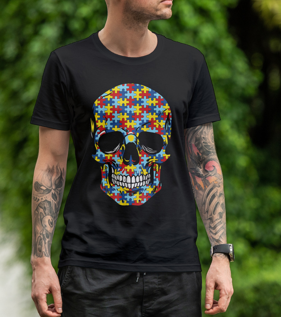 Skull Puzzle Pattern Autism Awareness T-Shirt
