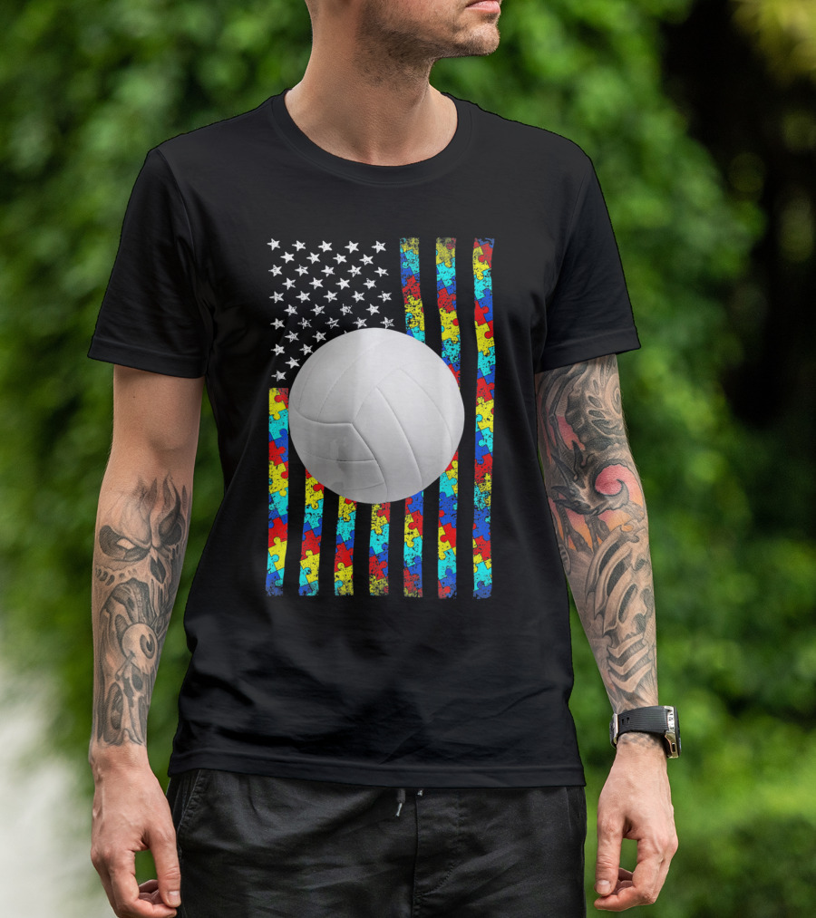 Autism Awareness Puzzle Flag Volleyball American Flag T-Shirt