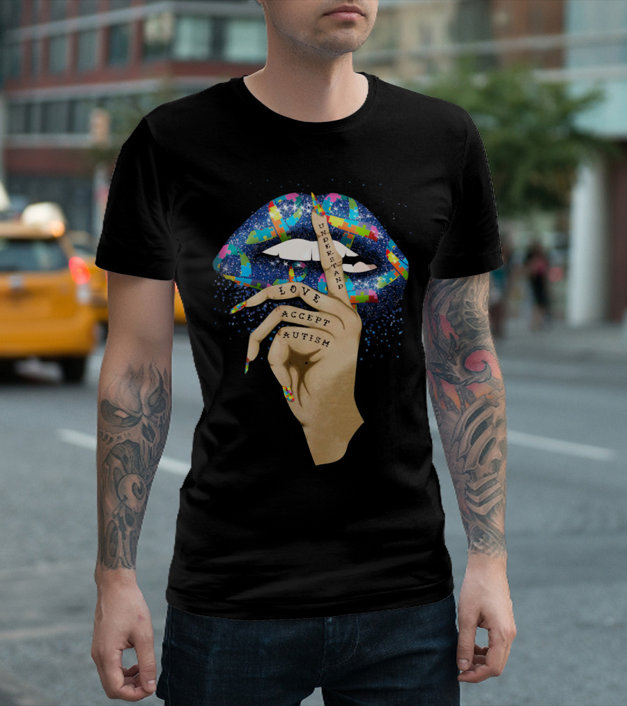 Love Understand Accept Autism Finger on Lips with Puzzle T-Shirt