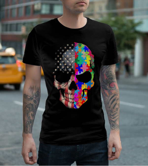 American Flag Autism Awareness Skull Puzzle Pieces Sku T-Shirt