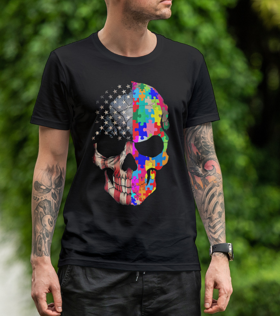 American Flag Autism Awareness Skull Puzzle Pieces Sku T-Shirt