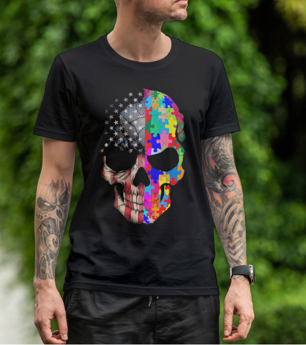 American Flag Autism Awareness Skull Puzzle Pieces Sku T-Shirt
