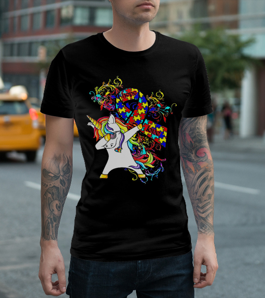 Unicorn Dabbing Hope Love Autism Awareness Puzzle T-Shirt
