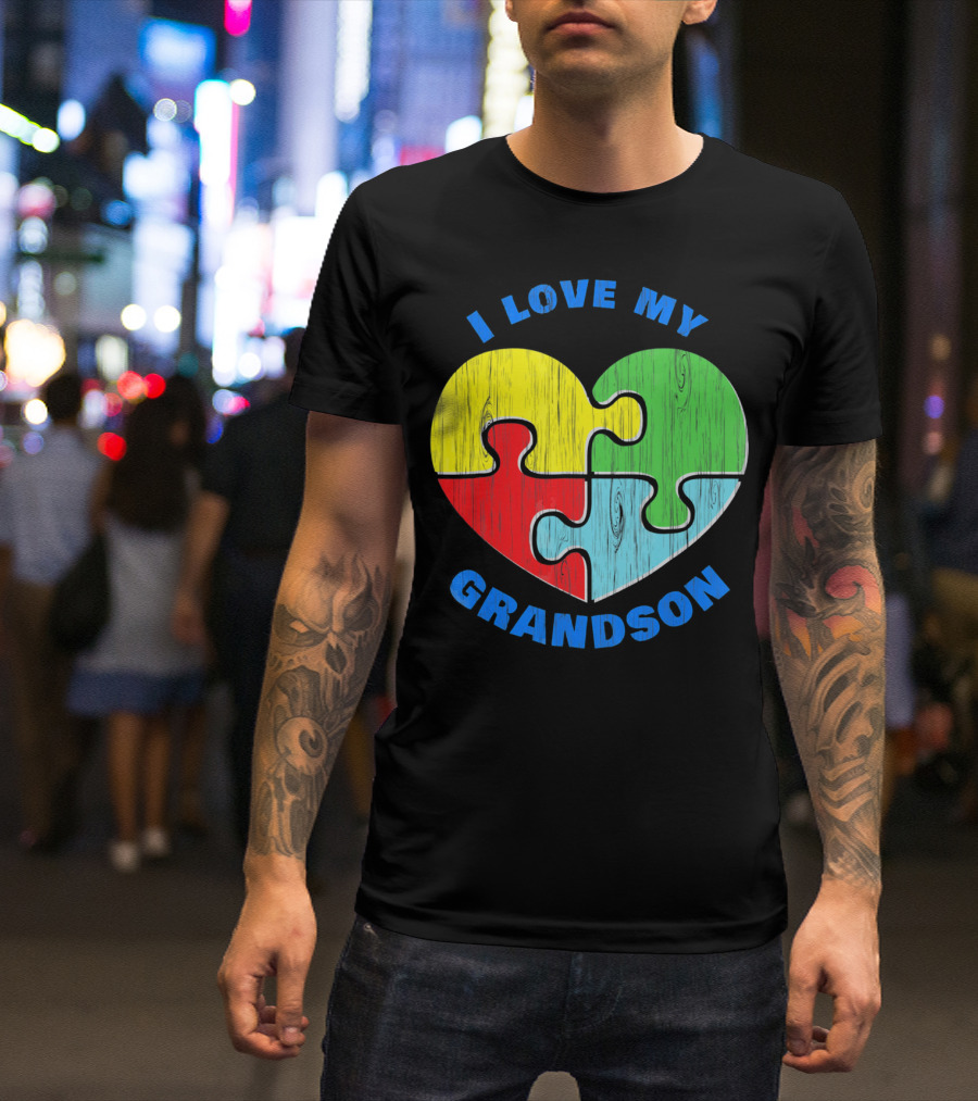 I Love My Grandson Puzzle Heart Autism Support T-Shirt