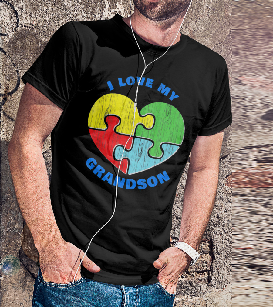 I Love My Grandson Puzzle Heart Autism Support T-Shirt