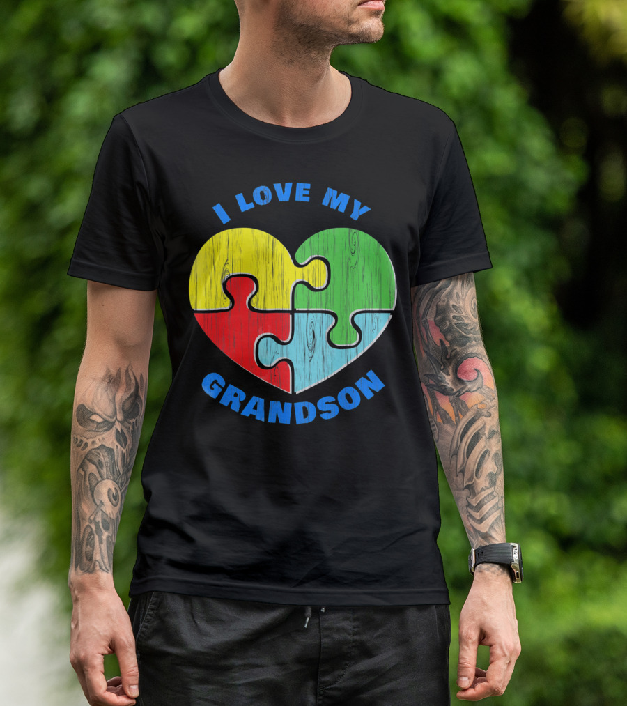 I Love My Grandson Puzzle Heart Autism Support T-Shirt
