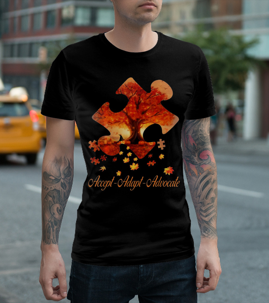 Accept Adapt Advocate Puzzle Autumn Leaves Autism Awareness T-Shirt