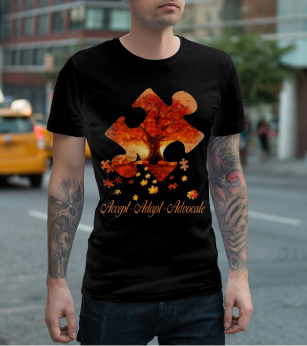 Accept Adapt Advocate Puzzle Autumn Leaves Autism Awareness T-Shirt