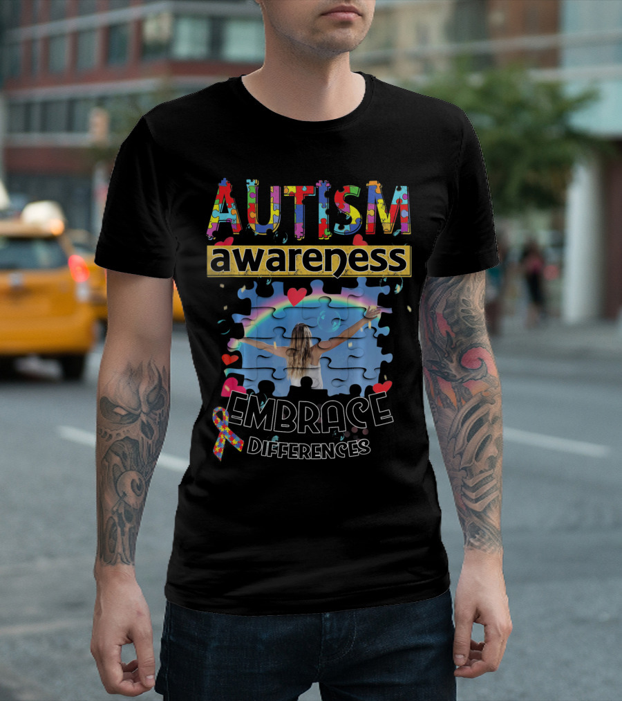 AUTISM AWARENESS EMBRACE DIFFERENCES PUZZLE PIECE RAINBOW T-Shirt