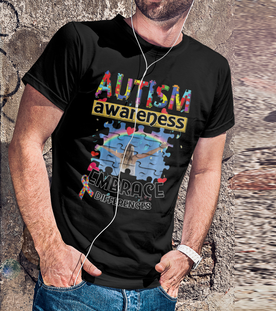 AUTISM AWARENESS EMBRACE DIFFERENCES PUZZLE PIECE RAINBOW T-Shirt