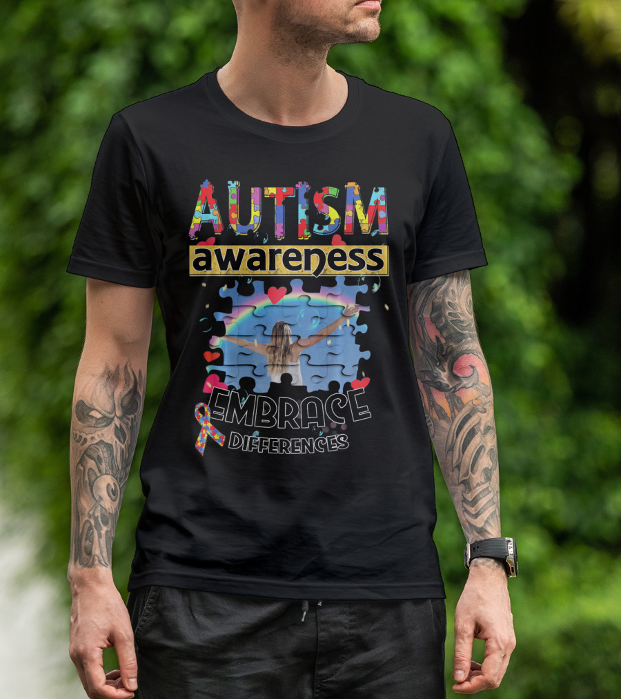 AUTISM AWARENESS EMBRACE DIFFERENCES PUZZLE PIECE RAINBOW T-Shirt