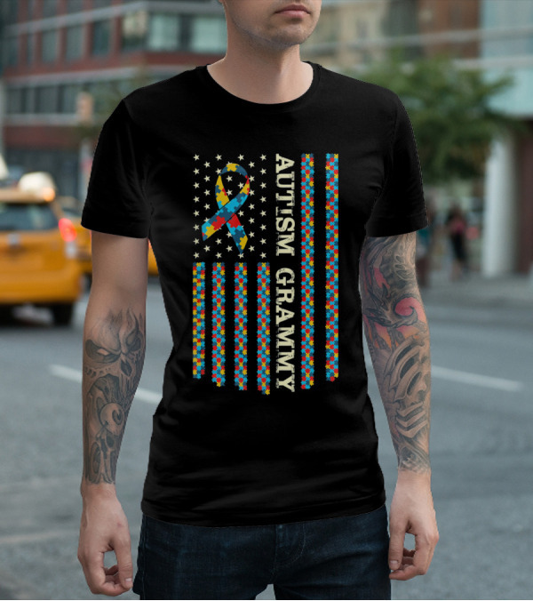 Autism Grammy Autism Awareness Ribbon Flag Puzzle T-Shirt