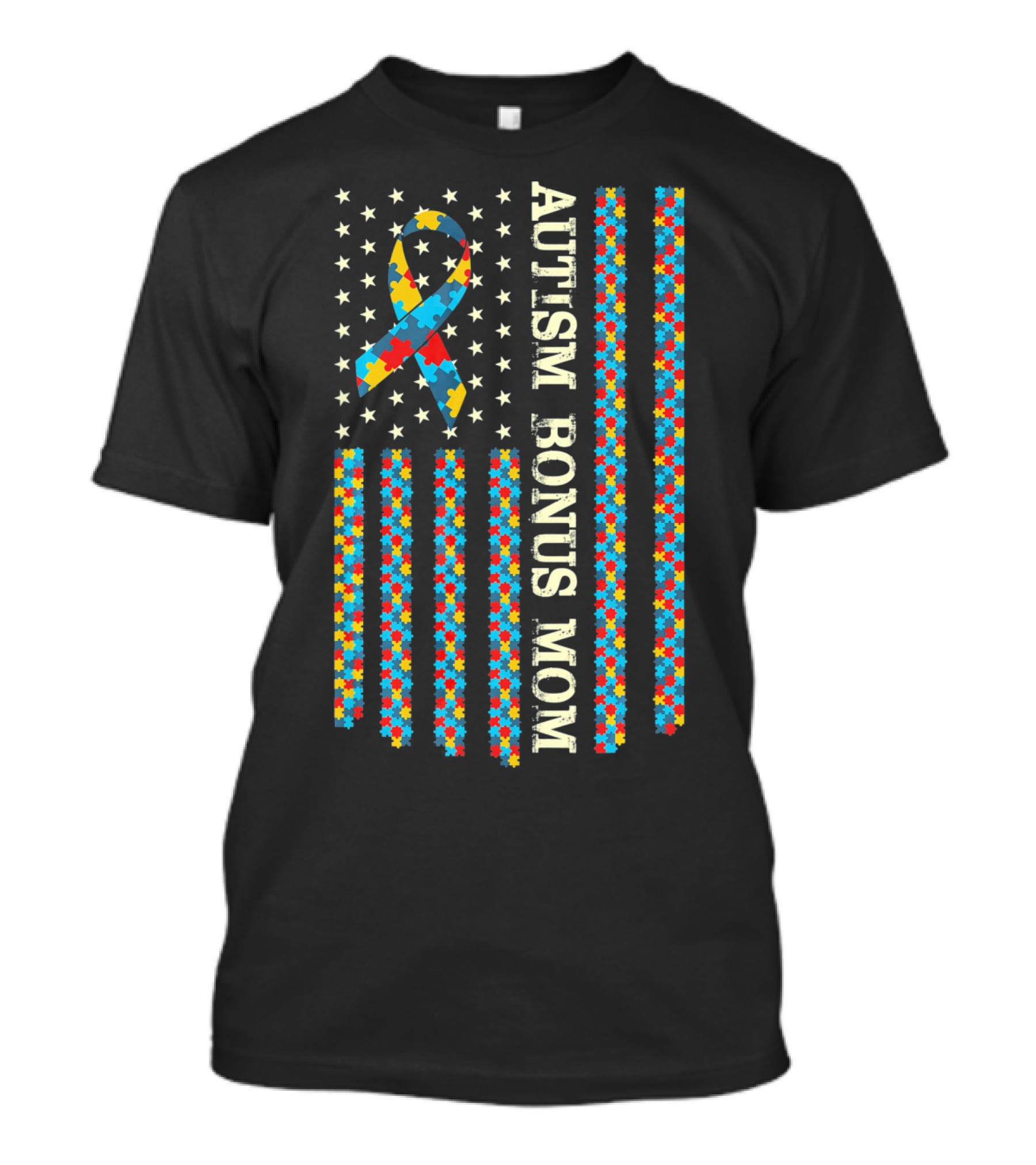 Autism Awareness Bonus Mom Puzzle Ribbon Flag T-Shirt