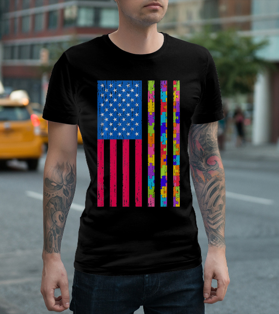 Autism Puzzle Piece American Flag USA T-Shirt