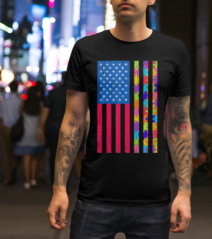 Autism Puzzle Piece American Flag USA T-Shirt
