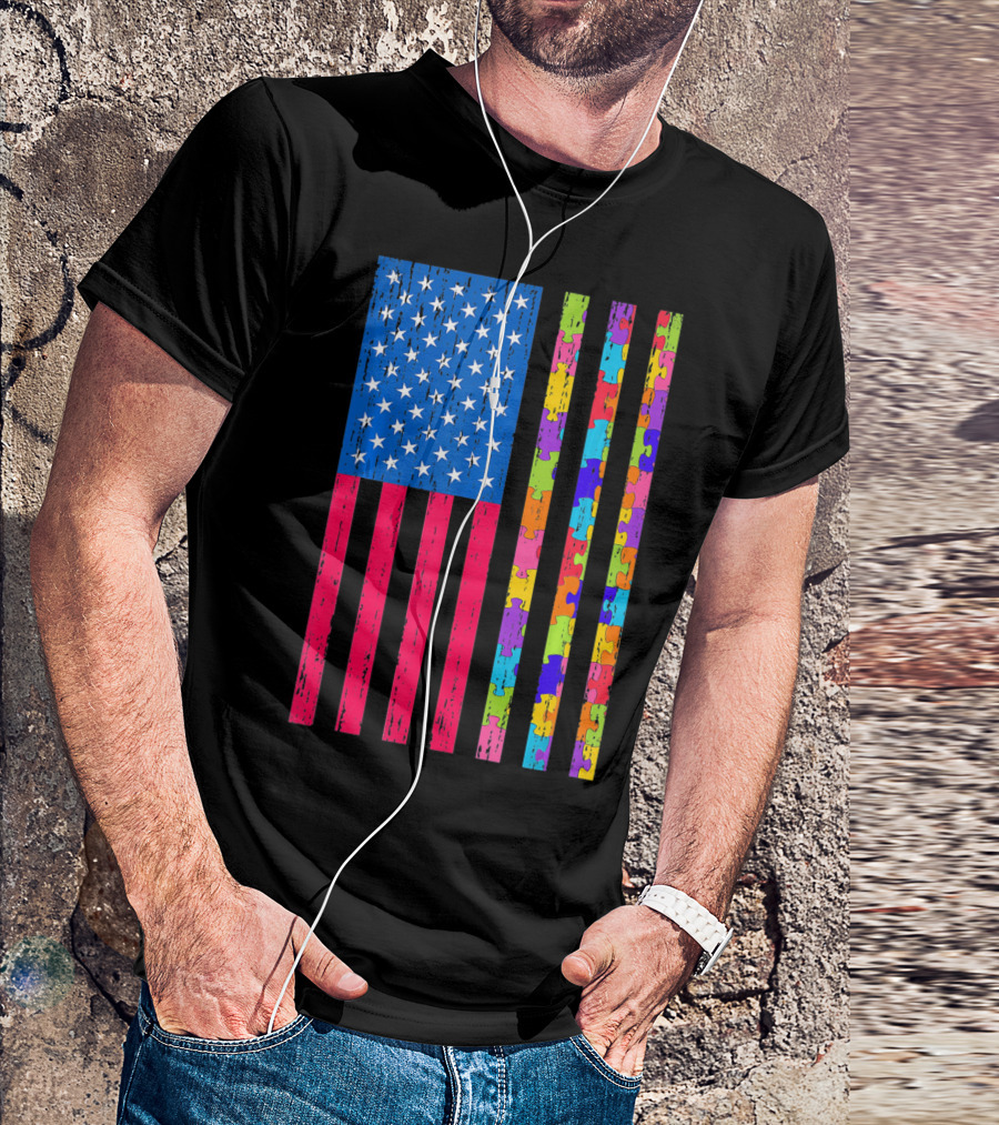 Autism Puzzle Piece American Flag USA T-Shirt