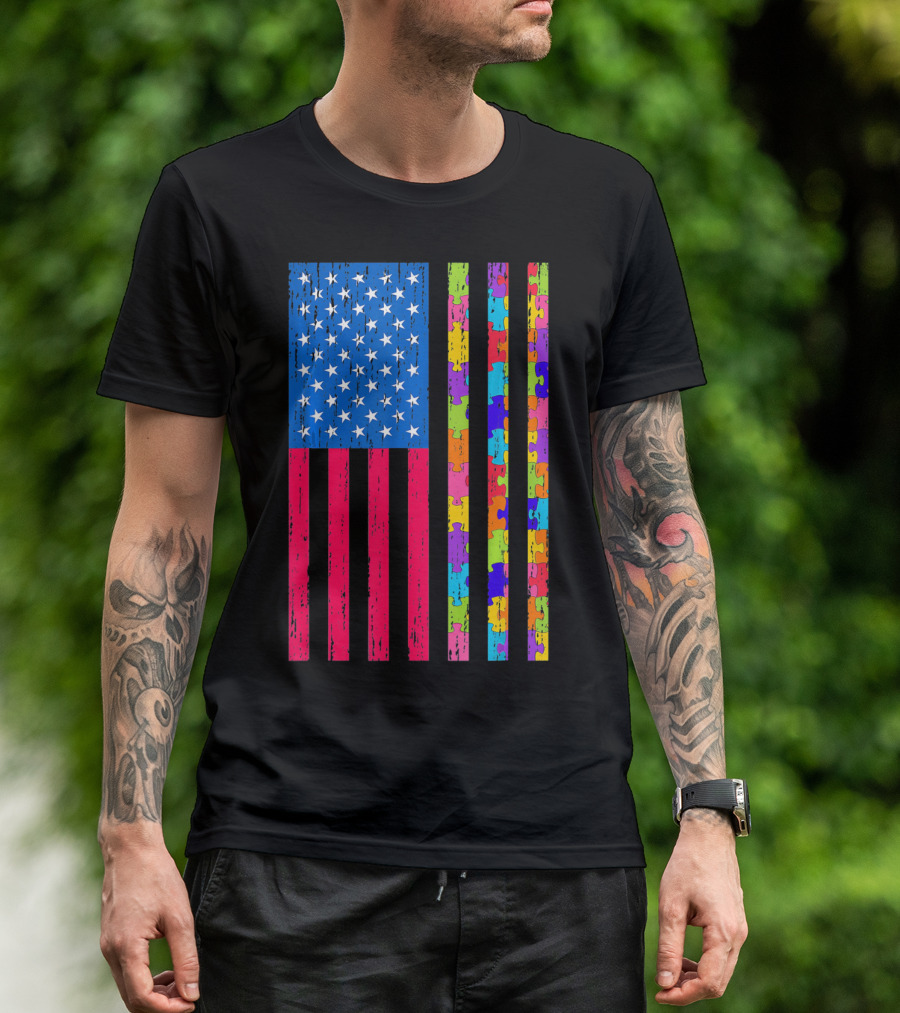 Autism Puzzle Piece American Flag USA T-Shirt
