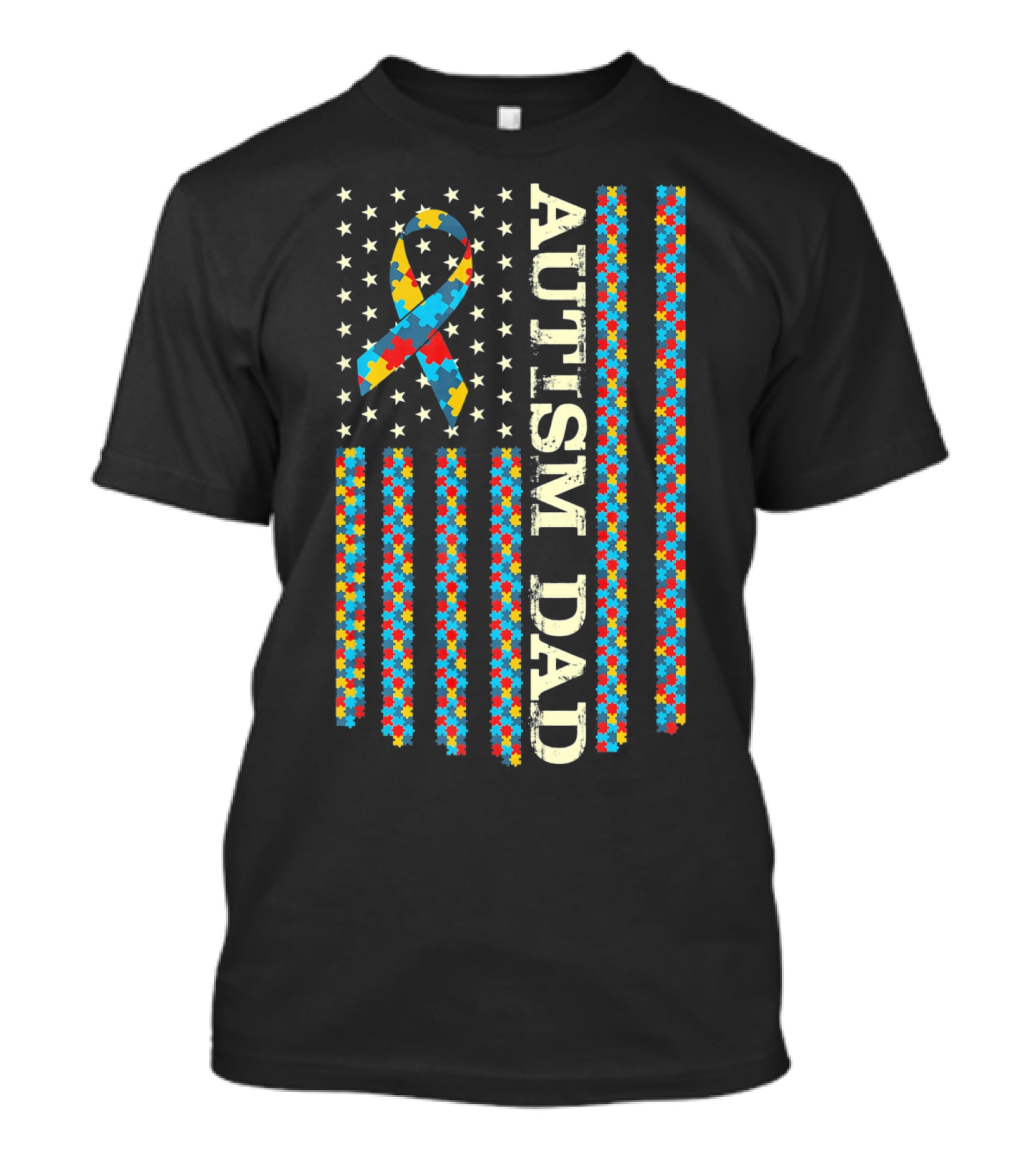Autism Awareness Dad With Puzzle Ribbon And Flag T-Shirt