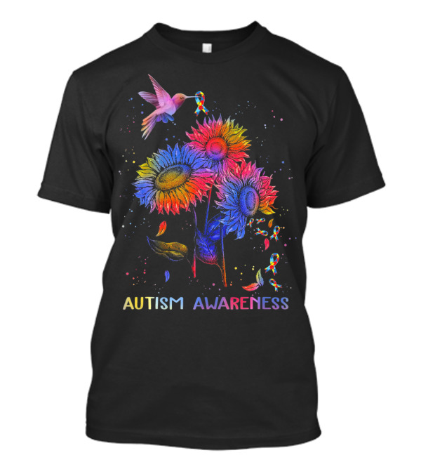 Autism Awareness Colorful Hummingbird And Sunflowers With Ribbons T-Shirt