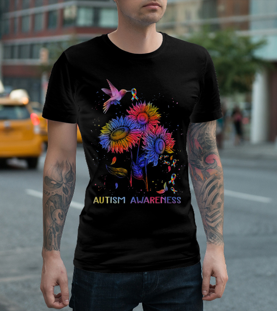 Autism Awareness Colorful Hummingbird And Sunflowers With Ribbons T-Shirt