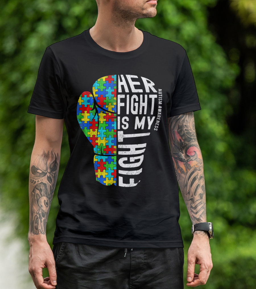 Autism Awareness Her Fight Is My Fight Boxing Glove Puzzle T-Shirt