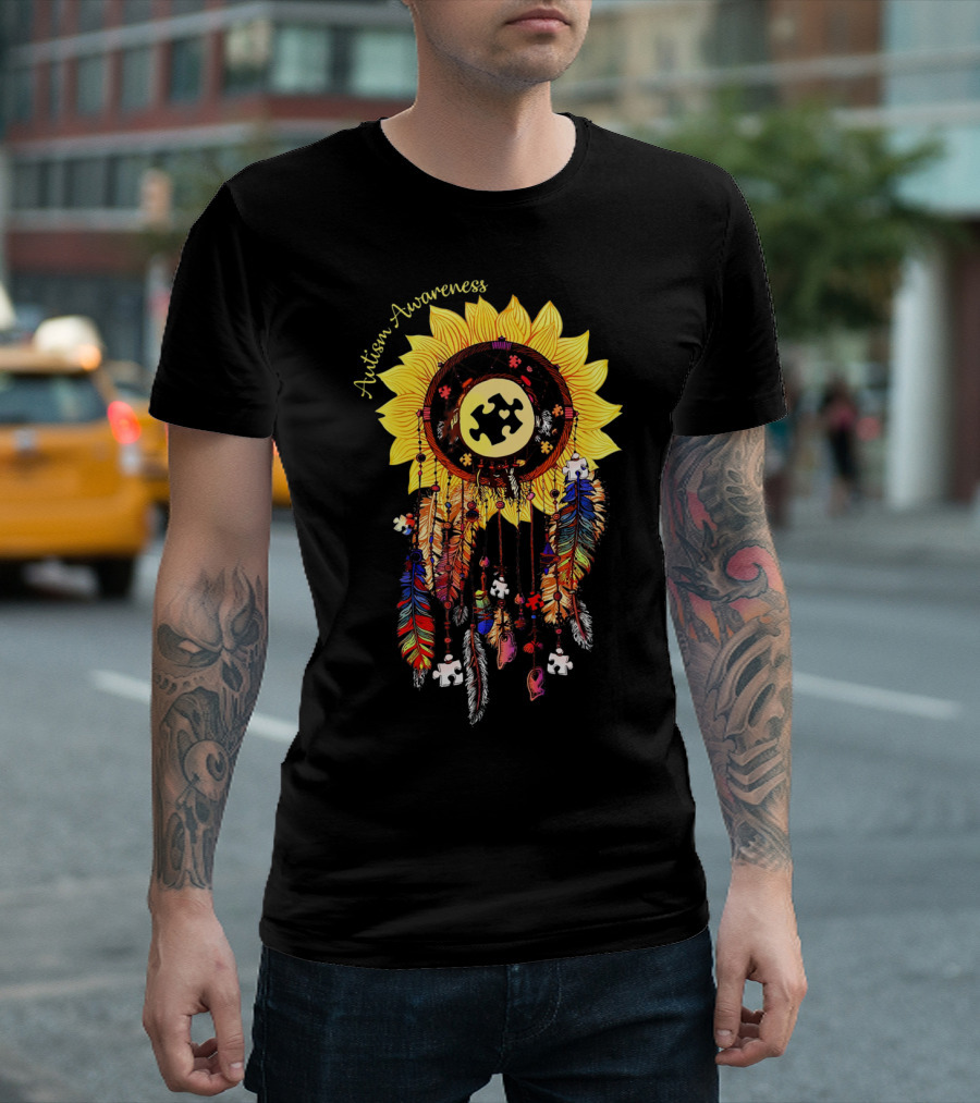 Autism Awareness Sunflower Puzzle Dreamcatcher Feathers T-Shirt