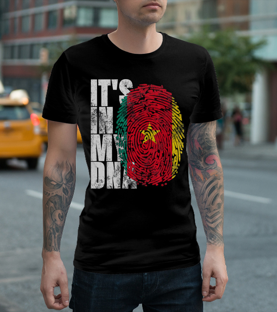 IT'S IN MY DNA Cameroonian Afro American Flag Fingerprint T-Shirt
