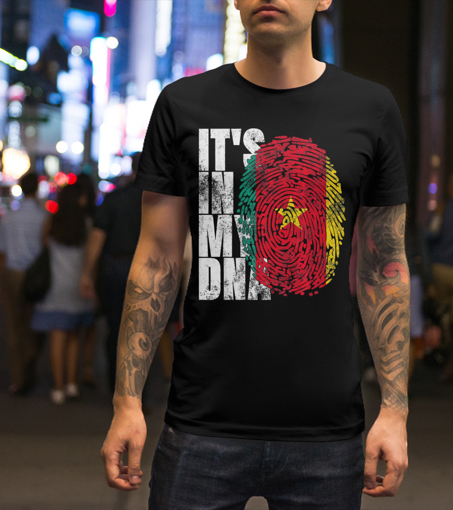 IT'S IN MY DNA Cameroonian Afro American Flag Fingerprint T-Shirt
