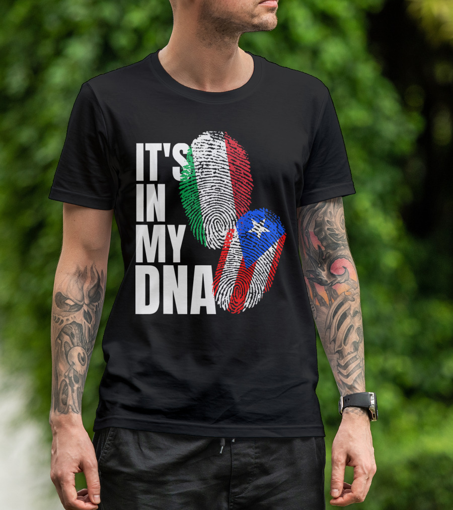 IT'S IN MY DNA Italian Puerto Rican Fingerprint Flag Mix T-Shirt