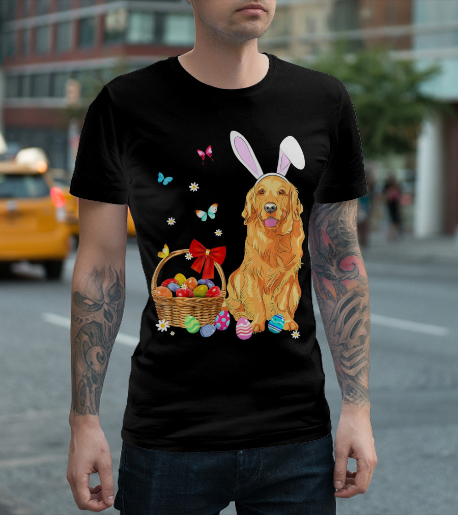 Golden Retriever Bunny Ears Easter Eggs Basket Butterflies T-Shirt