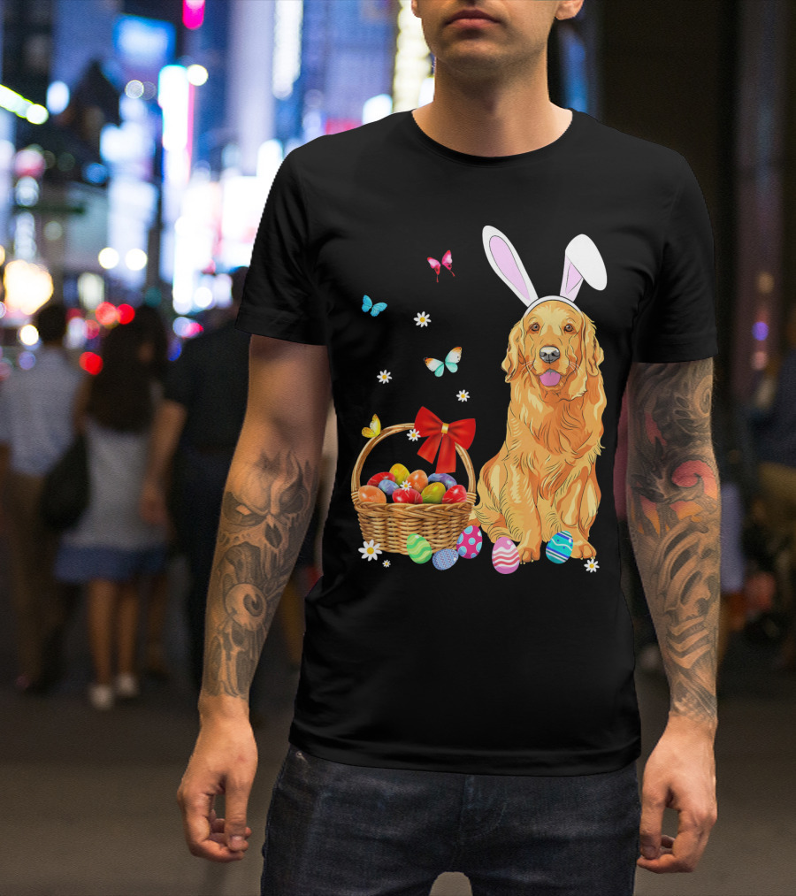 Golden Retriever Bunny Ears Easter Eggs Basket Butterflies T-Shirt