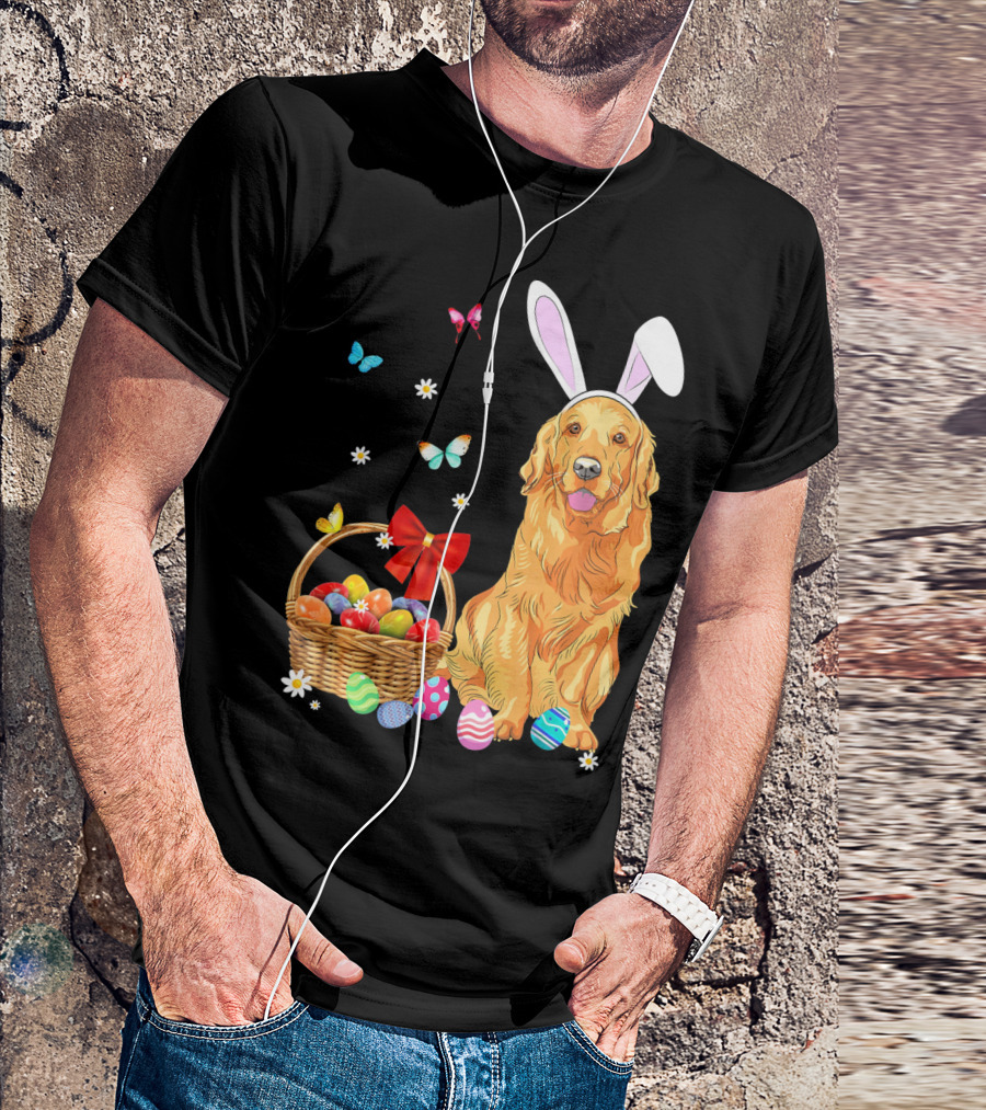 Golden Retriever Bunny Ears Easter Eggs Basket Butterflies T-Shirt