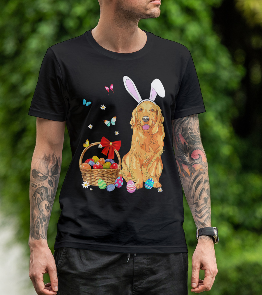 Golden Retriever Bunny Ears Easter Eggs Basket Butterflies T-Shirt