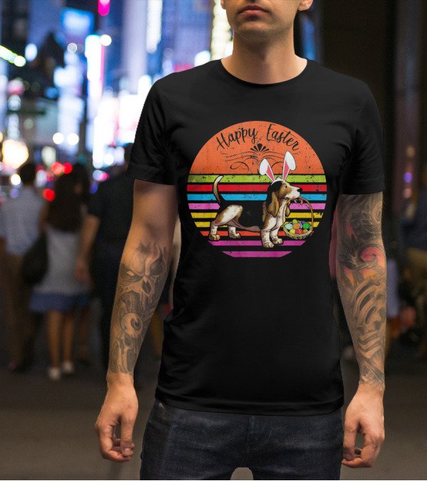 Vintage Basset Hound Dog Happy Easter Eggs T-Shirt