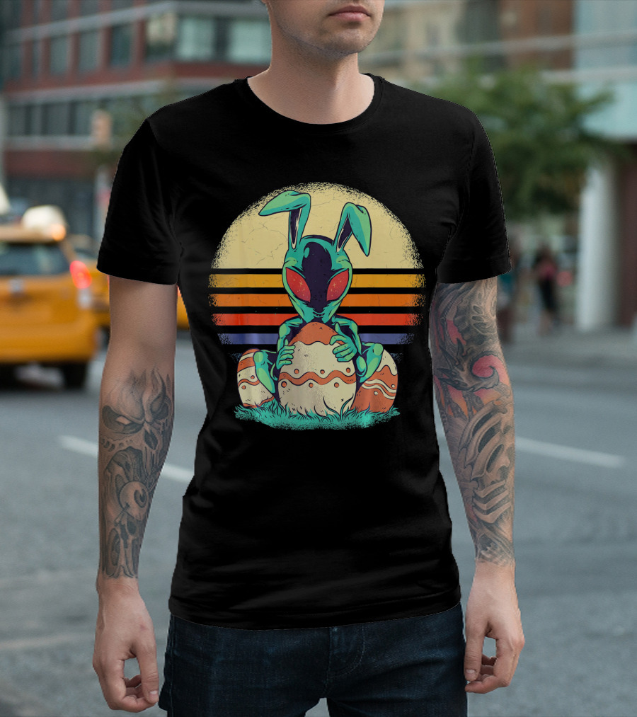 Easter Alien with Bunny Ears Holding Egg Sunset Stripes T-Shirt