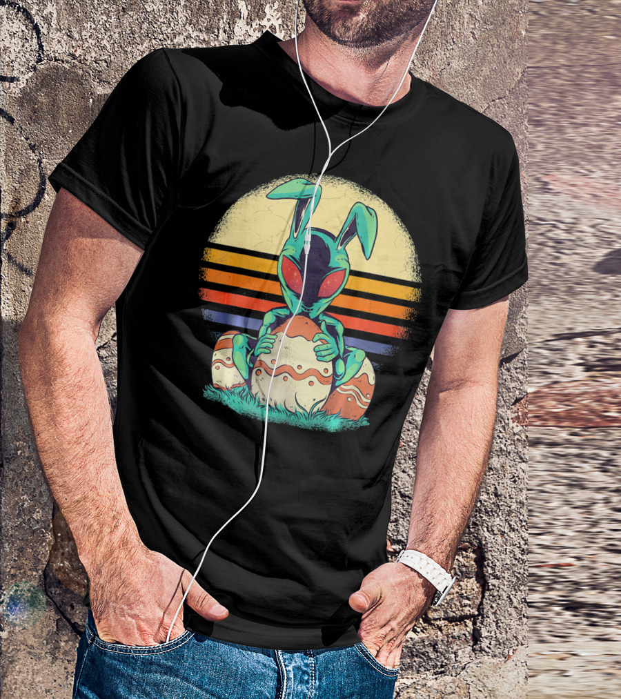 Easter Alien With Bunny Ears Holding Egg Sunset Stripes T-Shirt