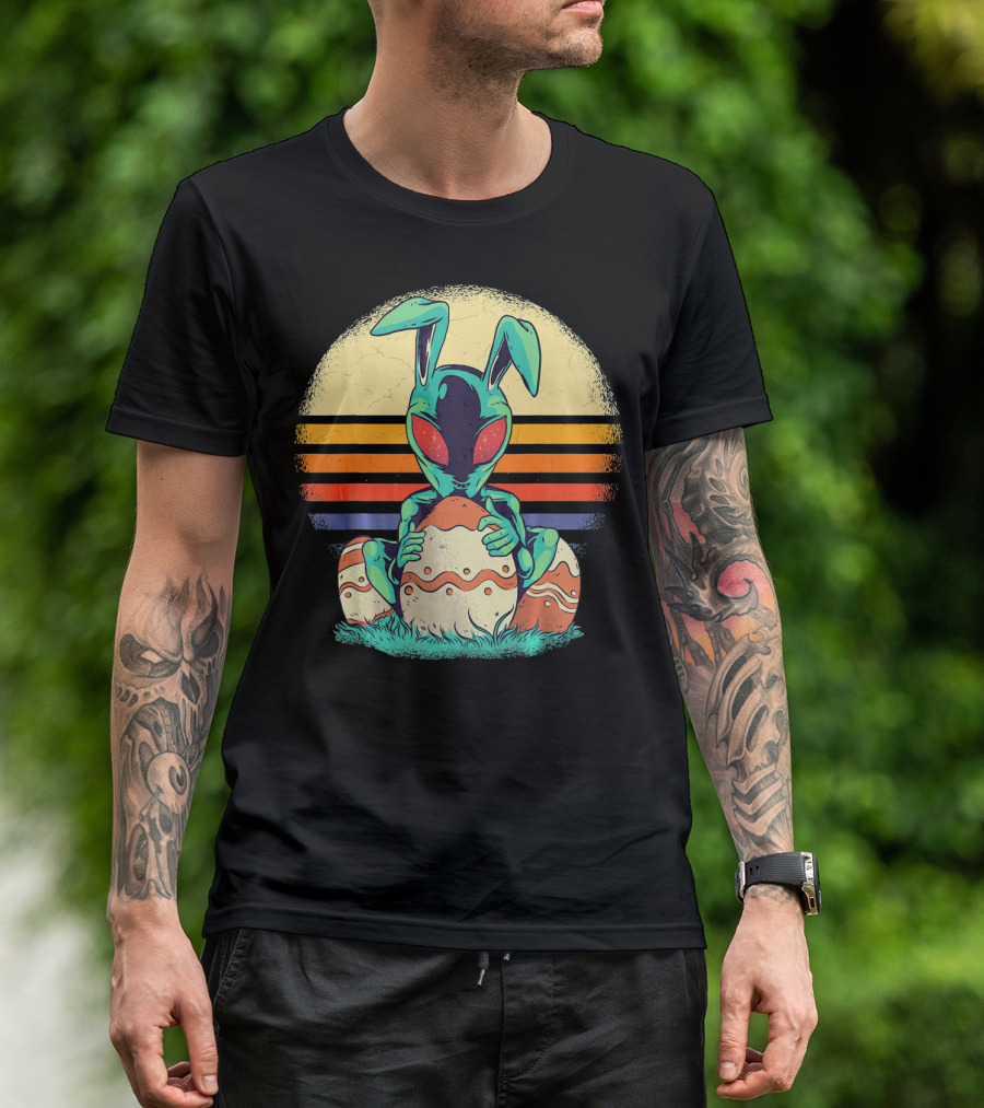 Easter Alien With Bunny Ears Holding Egg Sunset Stripes T-Shirt