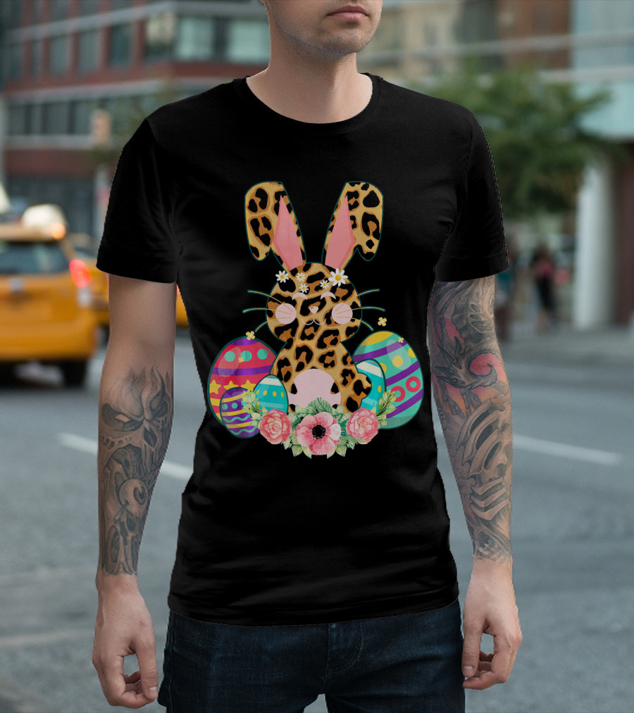 Bunny Leopard Print Floral Cute Easter Eggs T-Shirt