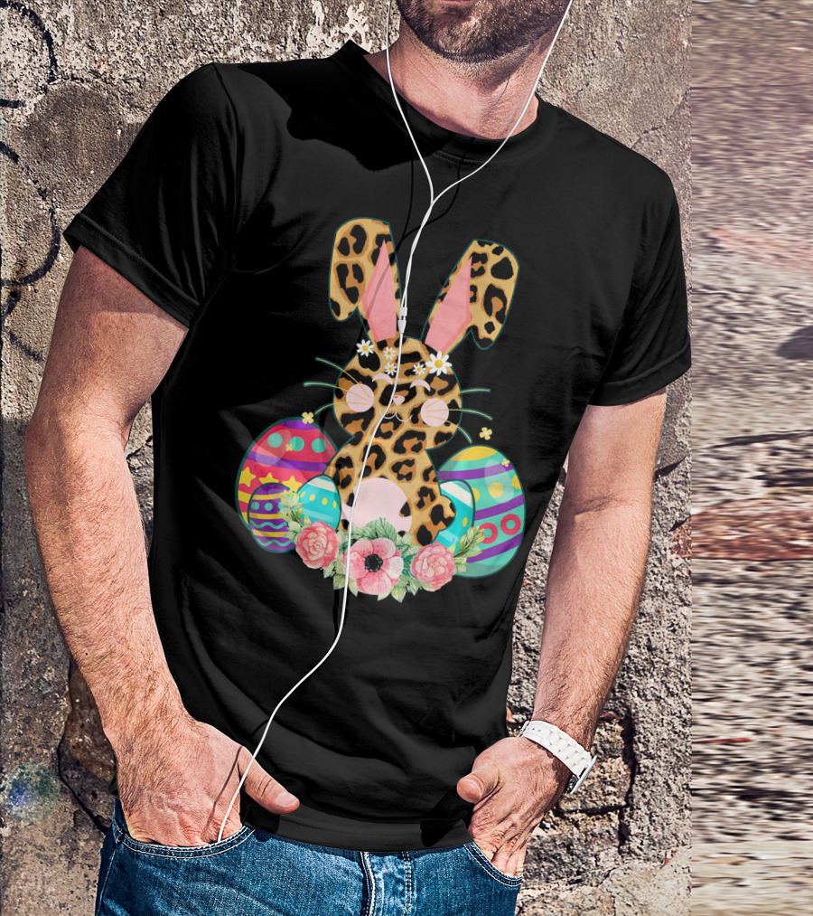 Bunny Leopard Print Floral Cute Easter Eggs T-Shirt