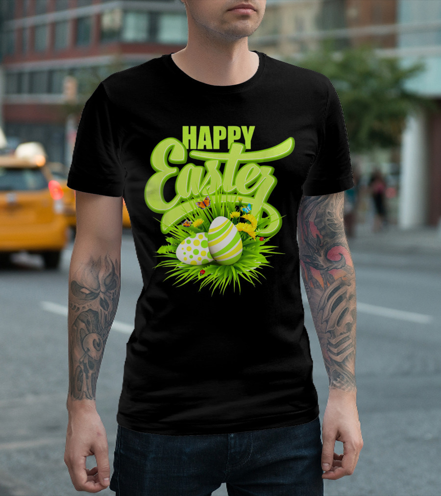 Happy Easter Eggs Green Spring Flowers Butterflies T-Shirt