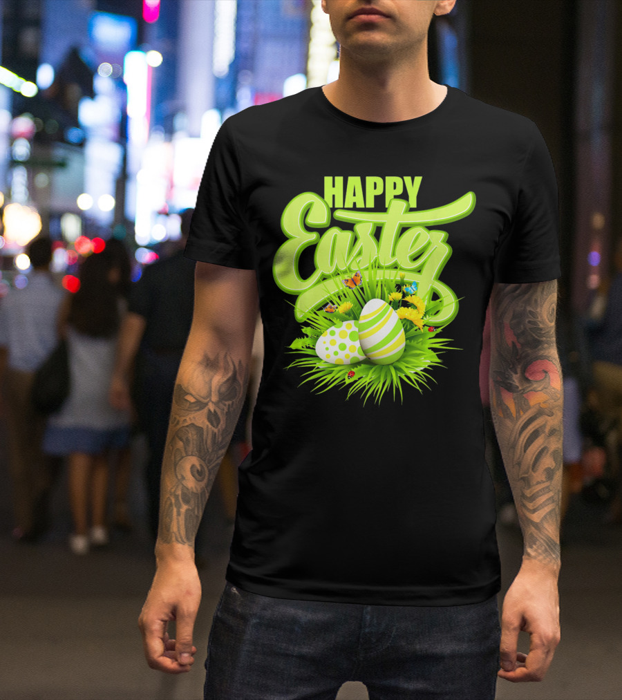 Happy Easter Eggs Green Spring Flowers Butterflies T-Shirt