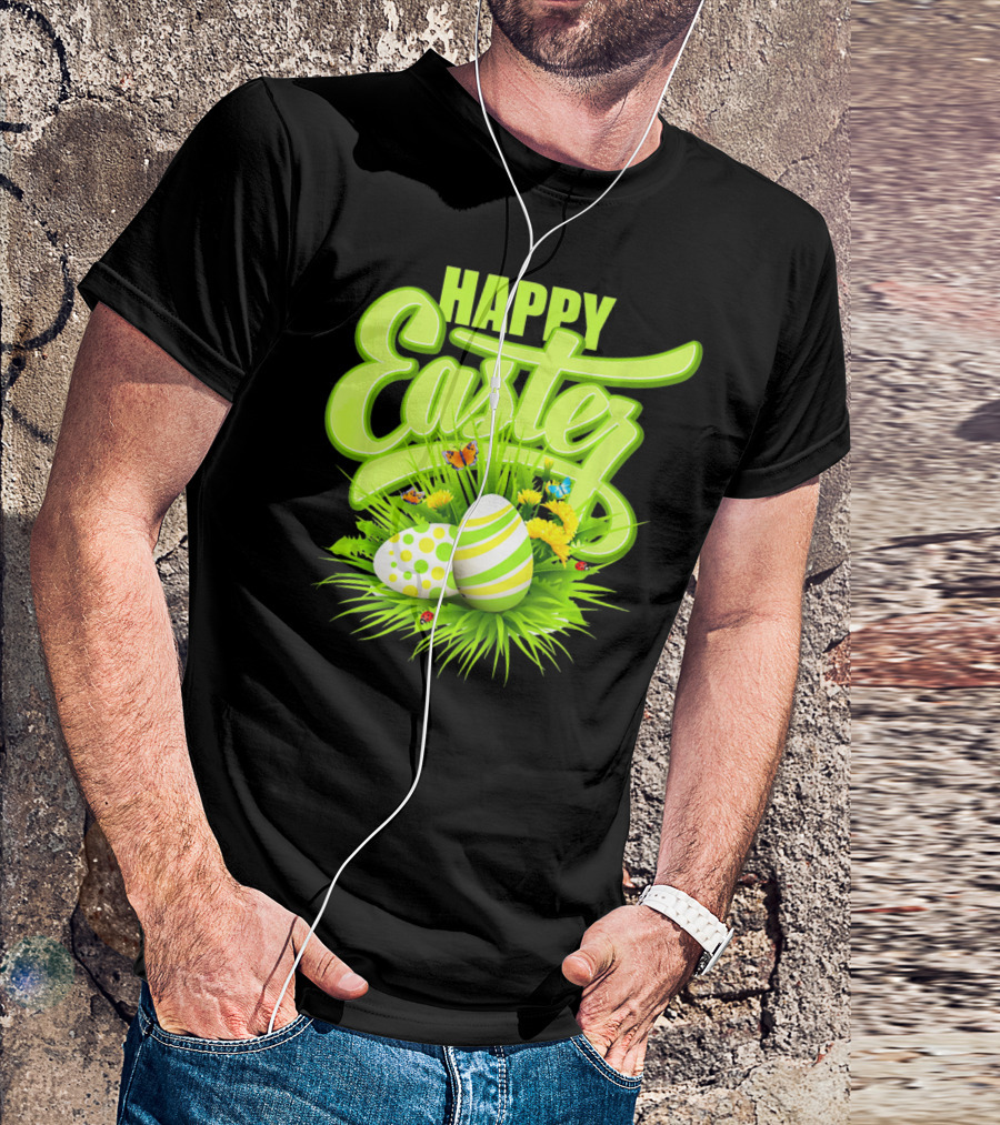 Happy Easter Eggs Green Spring Flowers Butterflies T-Shirt