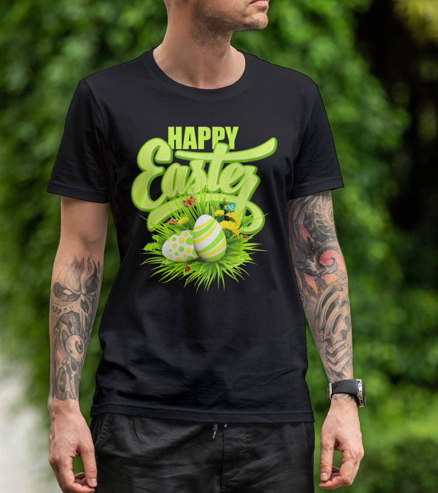 Happy Easter Eggs Green Spring Flowers Butterflies T-Shirt