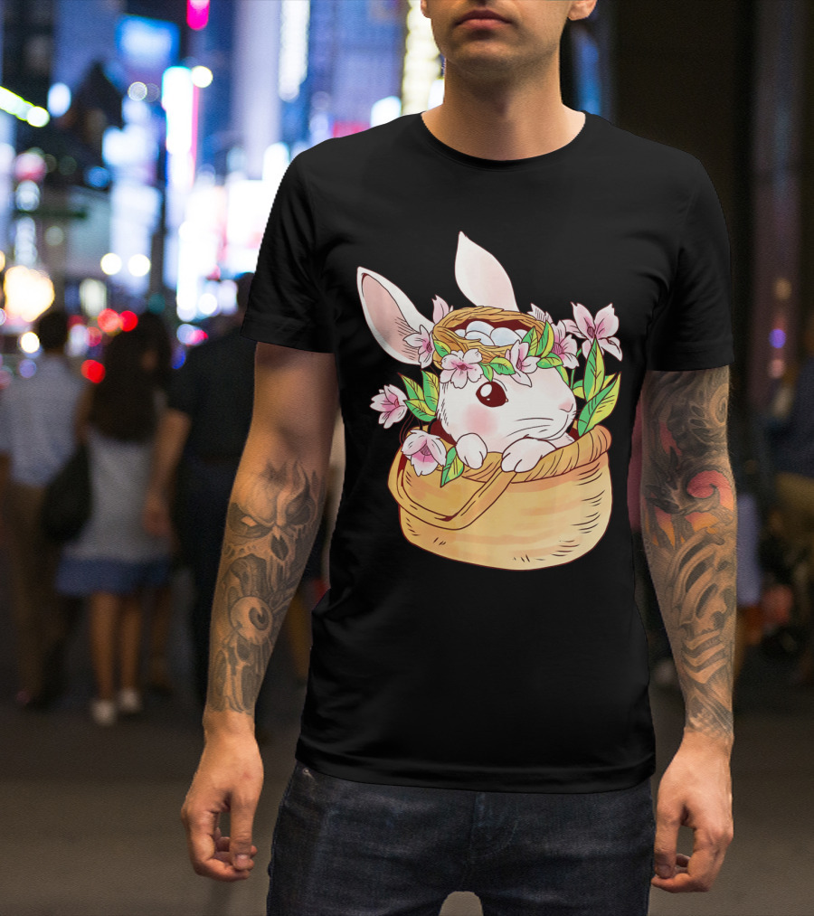 Cute Easter Bunny Girl Floral Basket T-Shirt