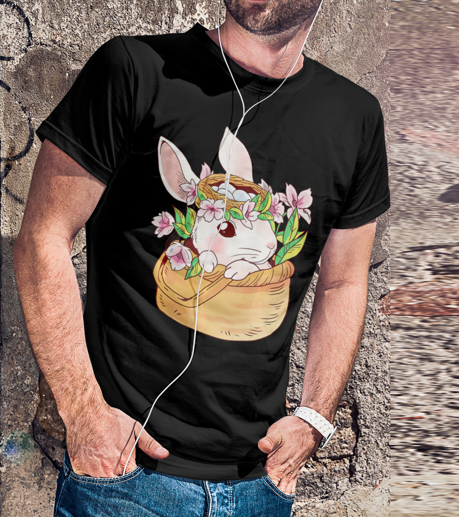 Cute Easter Bunny Girl Floral Basket T-Shirt