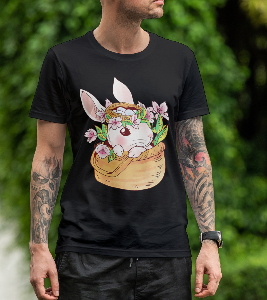 Cute Easter Bunny Girl Floral Basket T-Shirt