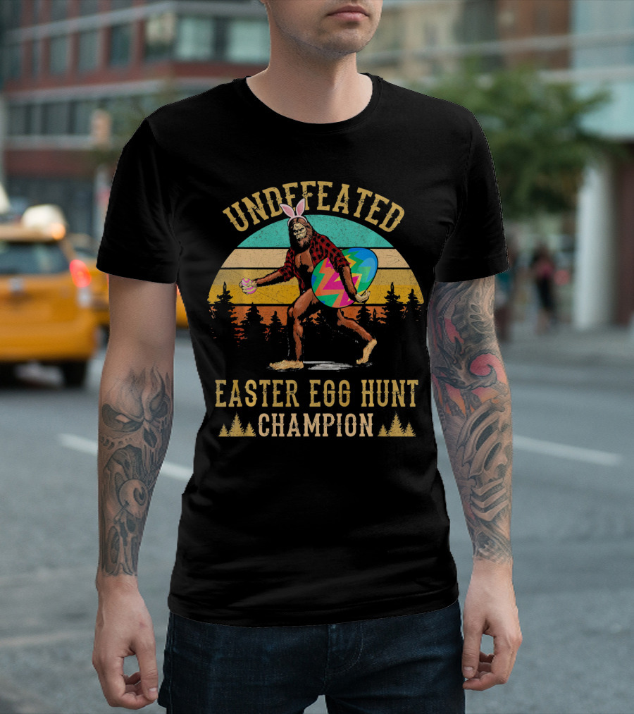 Undefeated Easter Egg Hunt Champion Bigfoot with Bunny Ears and Colorful Egg T-Shirt